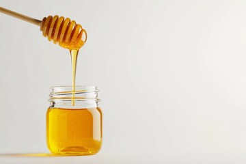 Carefully drizzling honey from a traditional wooden stick dipper into glass jar on white background