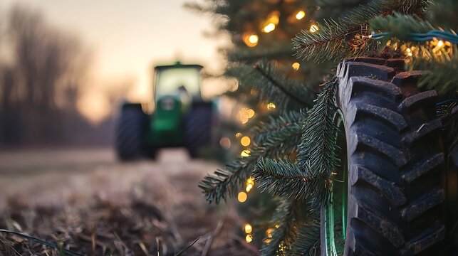 Fototapeta Closeup of a Christmas tree decorated with lights and a tractor in the background.