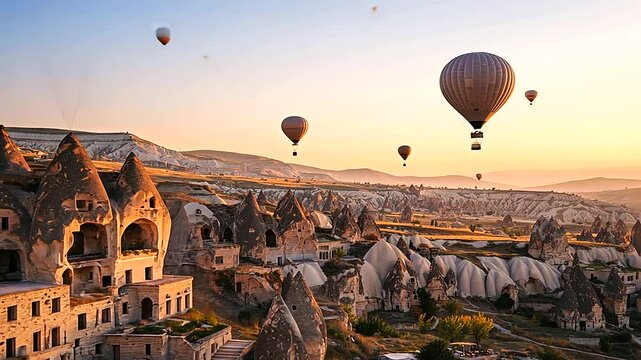 At sunrise, the ancient cave houses of Cappadocia, intricately carved into the rock, are bathed in a warm glow, while hot air balloons float far in the background, highlighting the timeless landscape 