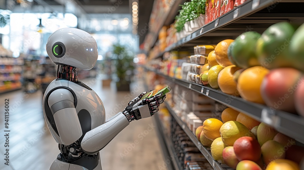 Poster A retail environment where AI-driven robots assist customers with shopping and checkout Stock Photo with copy space