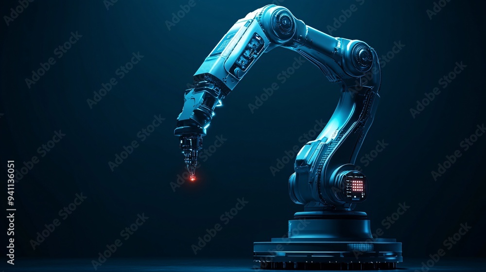 Poster An engineer programming an AI-controlled robotic arm for assembly line production Stock Photo with copy space