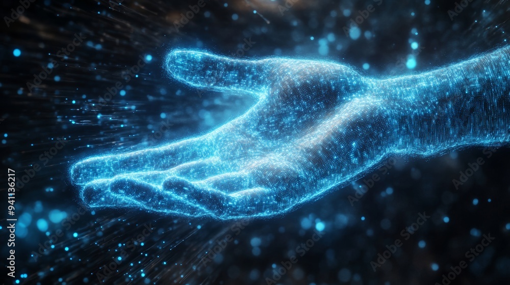 Poster digital hand made of particles and light, extending in a glowing futuristic environment