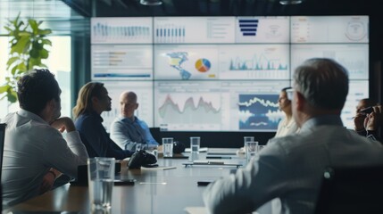 Executives analyze data and trends on multiple screens, showcasing a blend of modern technology and team decision-making in a sleek boardroom.