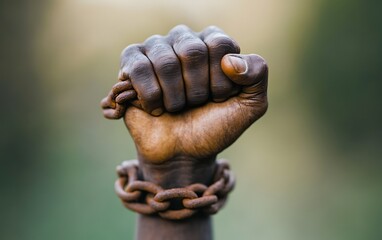 Close-up of a clenched fist with chains around it, representing struggle and resistance.