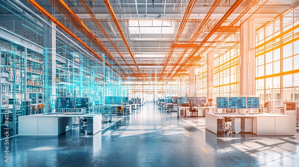 Poster A futuristic office space where AI algorithms manage and optimize workflows for maximum productivity Stock Photo with copy space