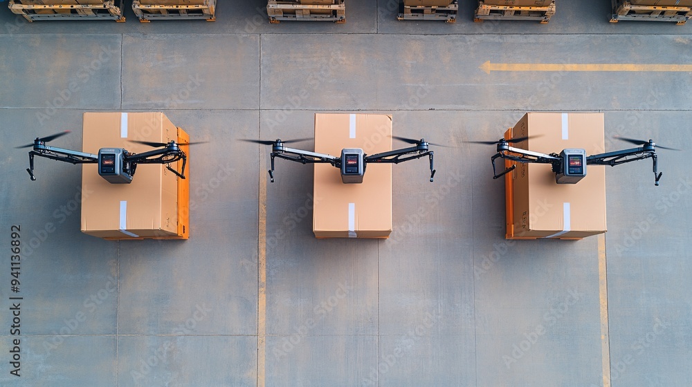 Poster A logistics hub where AI systems coordinate the movement of goods through automated warehouses and delivery drones Stock Photo with copy space