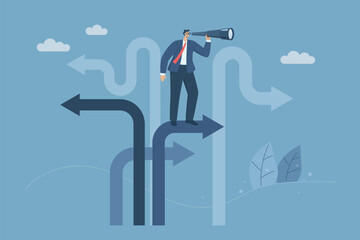 Business decisions or choices, Finding the right direction, Business opportunities or paths to success, Using vision to decide the path ahead, Businessman using binoculars to look at business routes. © wenich