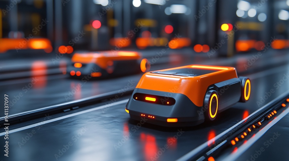 Poster A logistics hub where AI systems coordinate the movement of goods through automated warehouses and delivery drones Stock Photo with copy space