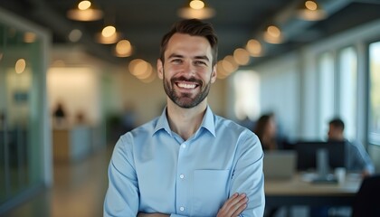 Fototapeta premium A happy bank employee looking at camera while standing in office