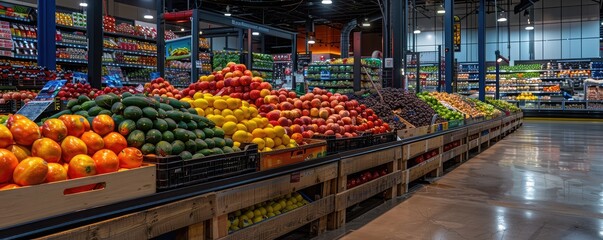Obraz premium Colorful fresh fruits displayed neatly in grocery store
