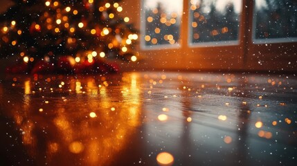 cozy living room with twinkling christmas tree lights reflected on polished wooden floor warm inviting atmosphere with soft focus and gentle snowfall outside window