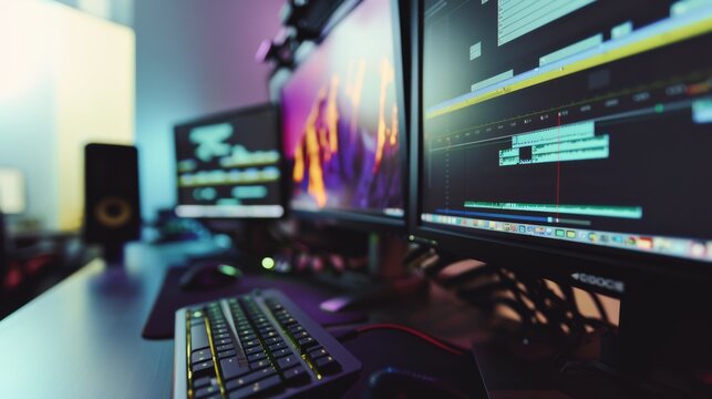 A high-tech digital editing workspace with multiple screens displaying editing software and creative work.