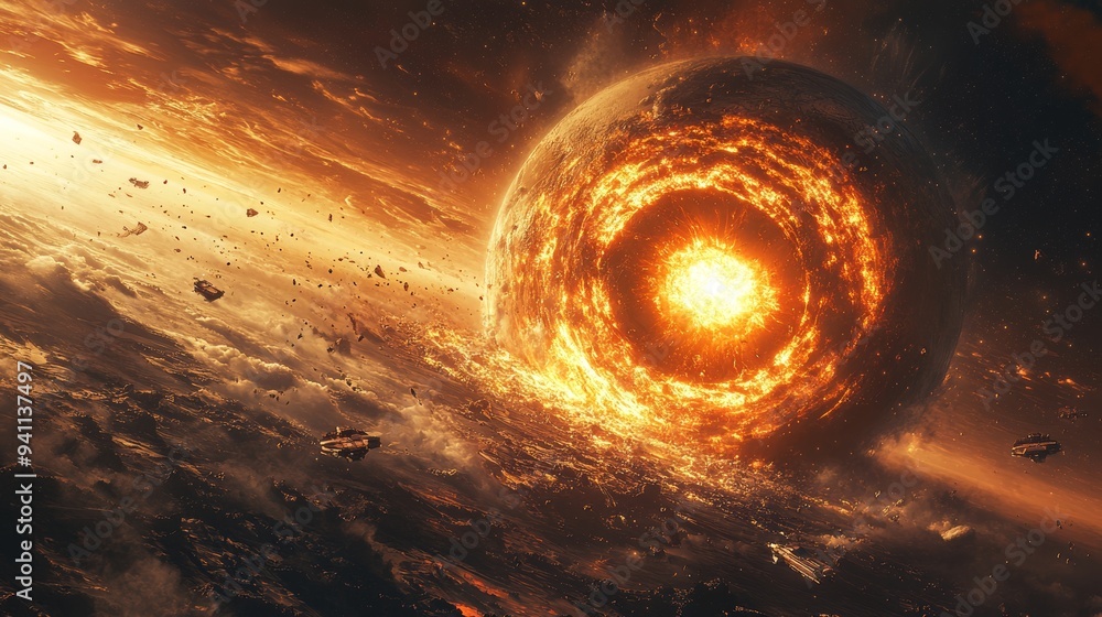 Poster planet with a fiery core emitting intense light, surrounded by dark space and debris