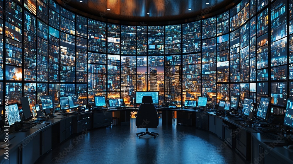 Poster A cybersecurity control room where AI algorithms monitor and protect digital infrastructures from potential threats Stock Photo with copy space