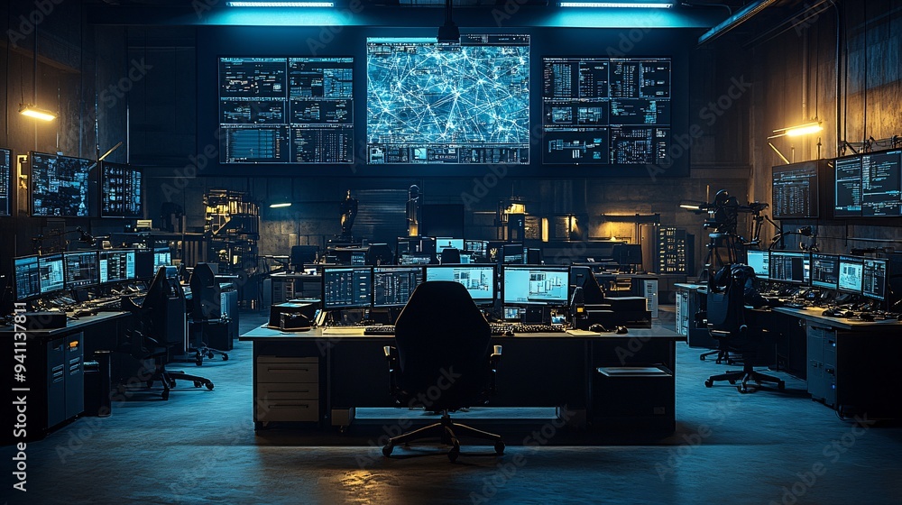 Poster A cybersecurity control room where AI algorithms monitor and protect digital infrastructures from potential threats Stock Photo with copy space