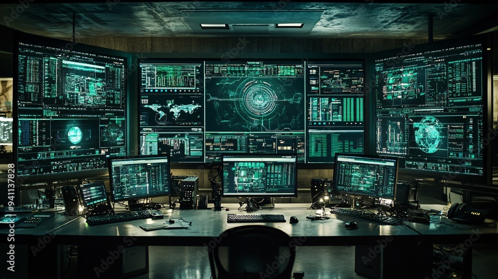 Aufkleber A cybersecurity control room where AI algorithms monitor and protect digital infrastructures from potential threats Stock Photo with copy space
