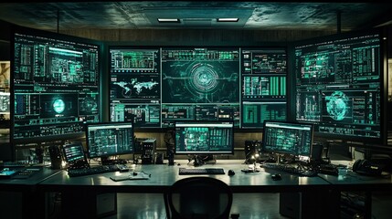 A cybersecurity control room where AI algorithms monitor and protect digital infrastructures from potential threats Stock Photo with copy space