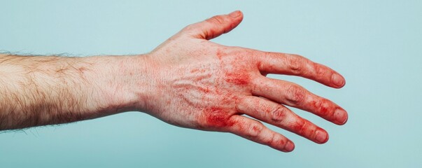 Close-up of a human hand with redness and irritation, depicting a skin condition or allergic reaction against a plain blue background.