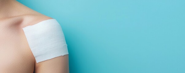 Close-up of a shoulder with a white bandage on a light blue background, symbolizing healthcare, injury, or first aid.