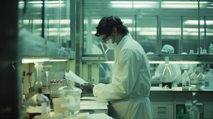 A scientist or researcher is absorbed in work inside a laboratory filled with scientific equipment and chemicals, showcasing dedication and focus.