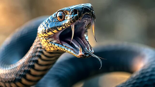 A vivid close-up of a dangerous black snake with its mouth open, revealing sharp fangs and intricate scales, capturing the wild and menacing details of the serpent in stunning clarity