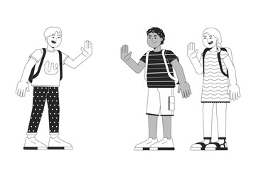 Diverse schoolkids greeting each other black and white 2D line cartoon characters. Schoolboys, schoolgirl. Happy schoolmates isolated vector outline people. Elementary monochromatic spot illustration
