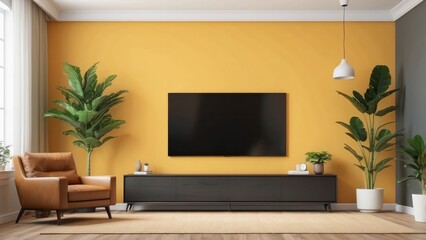 Modern Living Room with Yellow Wall, Flat Screen TV, and Leather Armchair