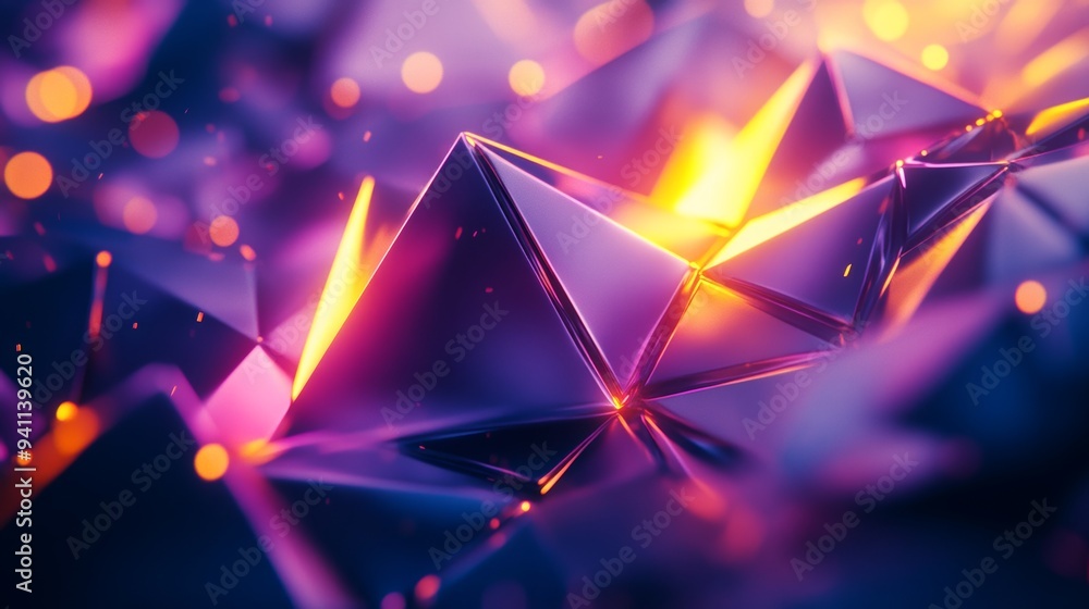 Poster abstract purple and orange geometric pyramids with glowing edges creating a vibrant pattern