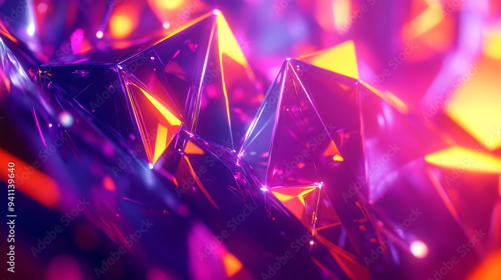 Poster abstract purple and orange geometric pyramids with glowing edges creating a vibrant pattern