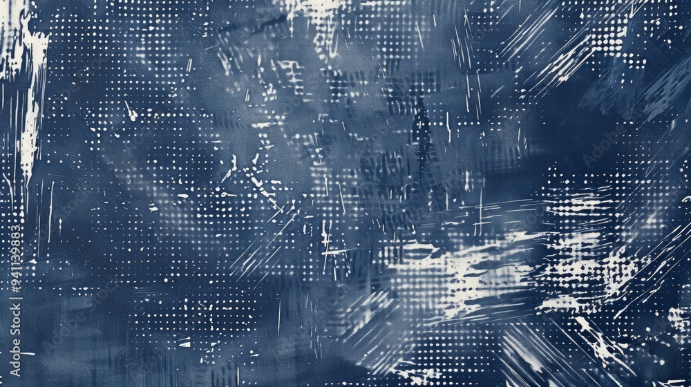 Poster textured elements, including stippling pattern in navy blue and some linear scribbles