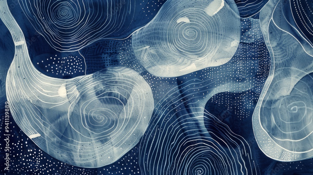 Aufkleber textured elements, including stippling pattern in navy blue and some linear scribbles