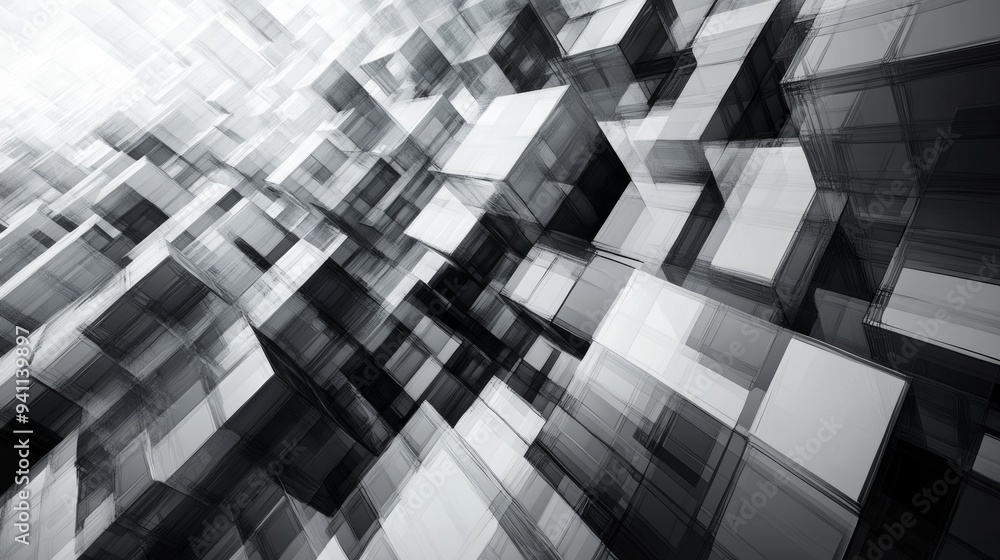 Poster black and white abstract geometric structure with numerous cubes stacked in varying heights