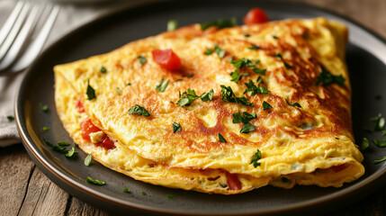 Close-up of an omelet on a plate, with visible fillings and a fork resting nearby