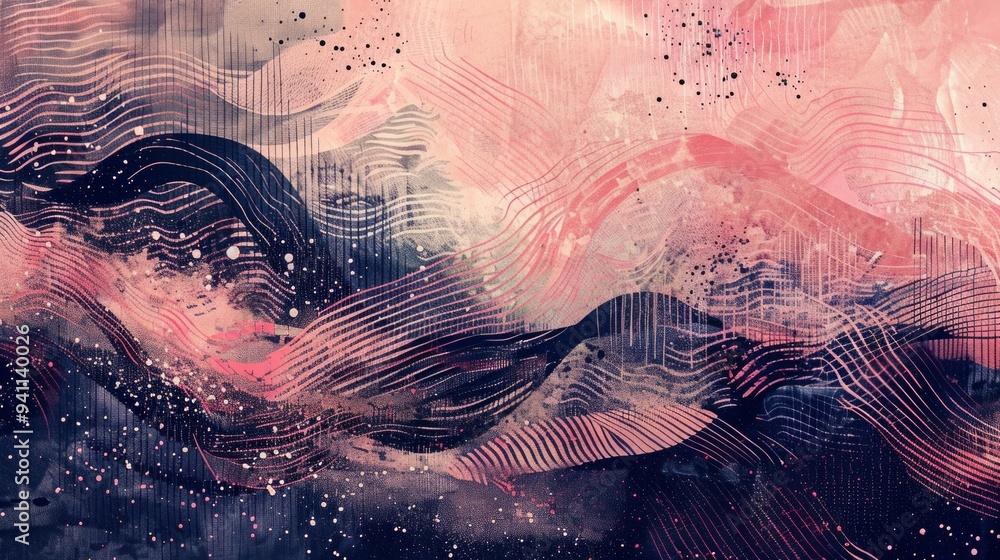 Poster textured elements, including stippling pattern in navy blue and some linear scribbles