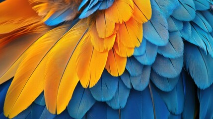 Fototapeta premium Close-up of vibrant blue and orange macaw feathers.