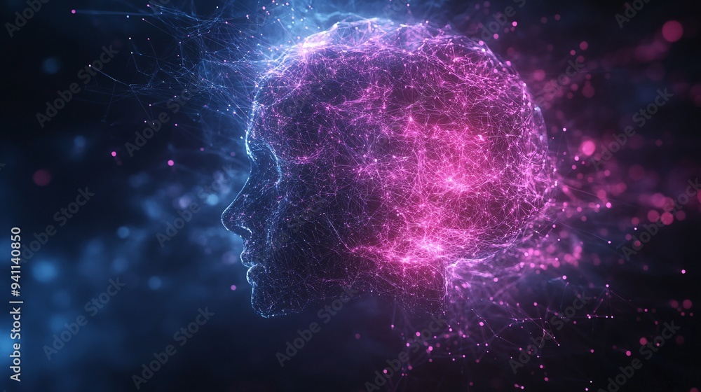 Poster An abstract image of AI visualized as a glowing digital brain made up of data points and neural connections Stock Photo with copy space