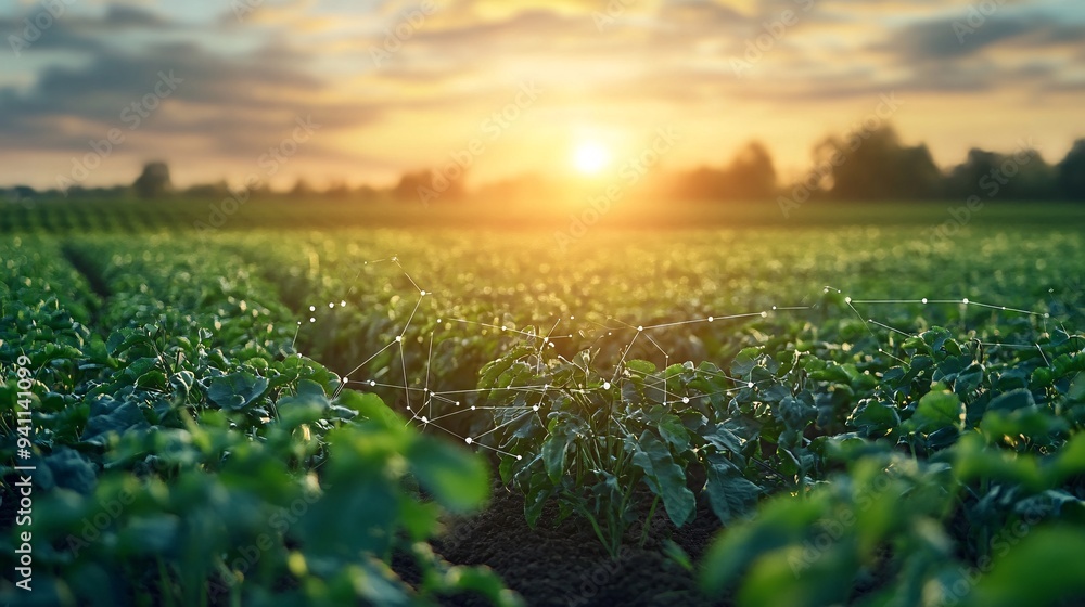 Poster a high-tech farming operation where ai monitors and optimizes crop growth and resource usage stock p