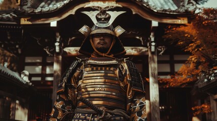 A stoic samurai stands in full traditional armor at the entrance of a temple, embodying strength, honor, and the timeless spirit of the warrior.