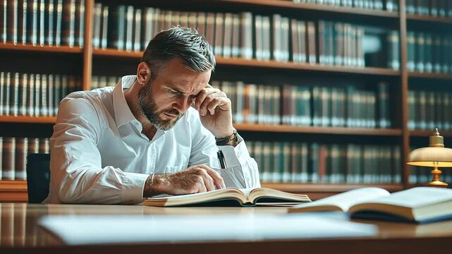 A mature professional man thoughtfully studies legal texts in a library filled with books, his focused expression and the rich surroundings of towering bookshelves capturing the depth of his concentra