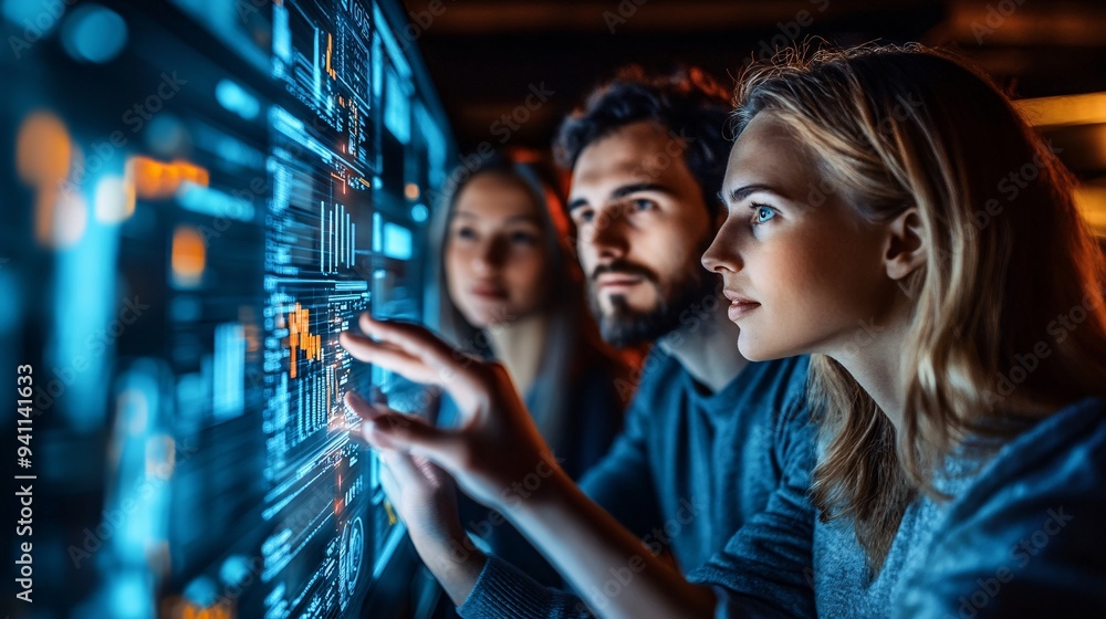 Poster A research team in a lab surrounded by AI-powered machines and data displays advancing scientific knowledge Stock Photo with copy space