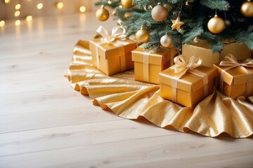 Gold Christmas Presents Under a Decorated Tree