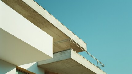 Fototapeta premium A modern architectural structure with a minimalist design against a clear sky, showcasing clean lines and geometric shapes.