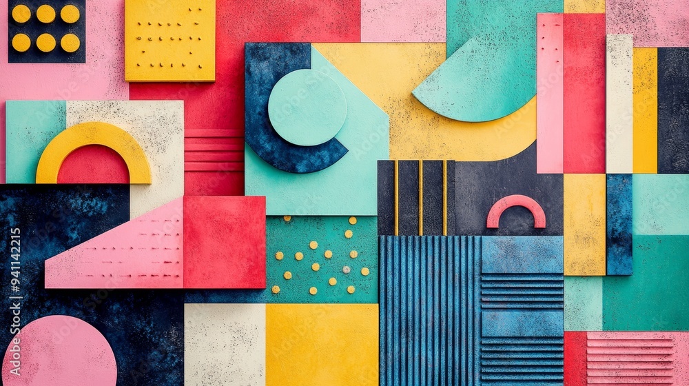 Poster vibrant geometric abstract art with colorful shapes and patterns in a playful composition