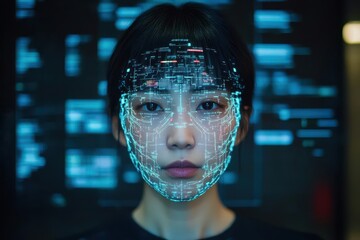 A digital portrait of a woman with a holographic face display, symbolizing technology and artificial intelligence.