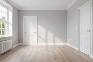 Empty Room with White Walls, Hardwood Floor, and Two Doors