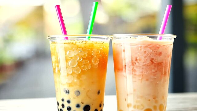 A delicious, icy bubble tea with vibrant tapioca pearls is the ideal refreshment for hot summer days, highlighted in a clear glass to emphasize its sweet, cooling qualities