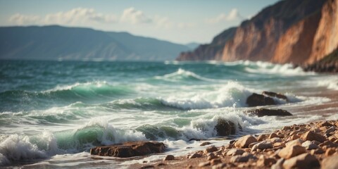waves crashing at the shore, cliff beyond.