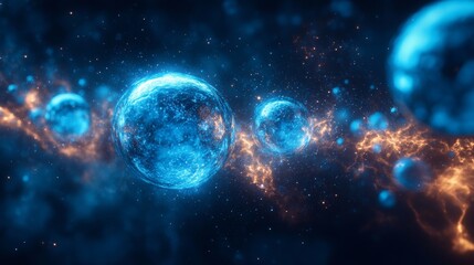 Planets and cosmic bodies glowing in deep space with nebulae and starry background