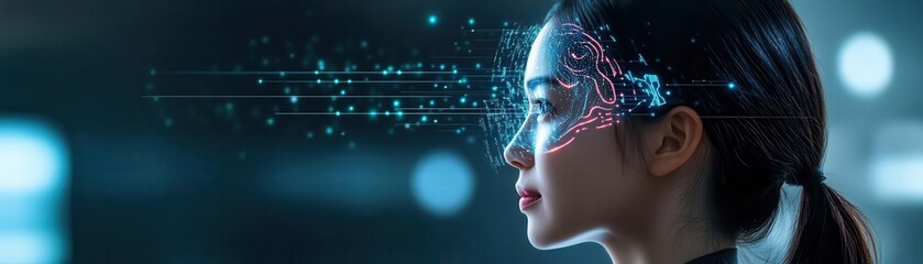 Obraz premium A futuristic woman with digital effects on her face, representing technology and innovation in the modern world.