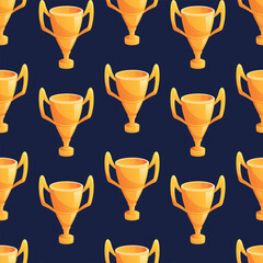 Golden trophy cup of the winner. Competition award, goblet with handles. Vector seamless cartoon pattern illustration.